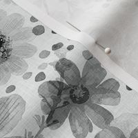 Hand Painted Floral- Silver Gray- Spring- Watercolor Ditsy Flowers- Neutral Grey- Black and White- Grayscale- Multi directional Monochromatic Floral- Medium