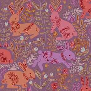 Rabbits in the meadow muted purples