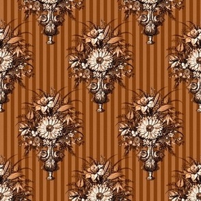 Victorian Vase Bouquets on Pinstripes in Leather Brown - Coordinate