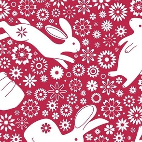 Rabbits and Chinese Flowers  - White on Viva Magenta Red - Medium