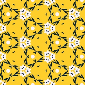 White flowers on honey yellow / Yellow Geometric Floral