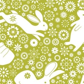 Rabbits and daisies - on Pale green - Medium