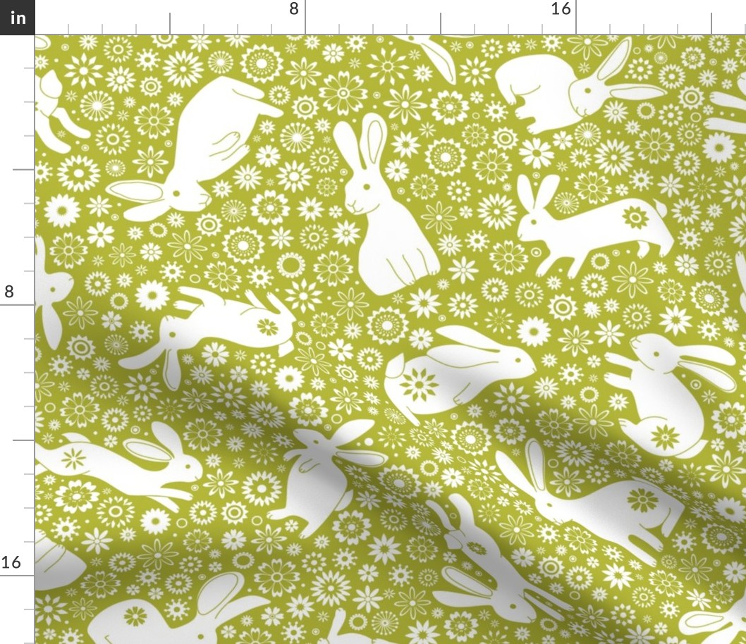 Rabbits and daisies - on Pale green - Medium