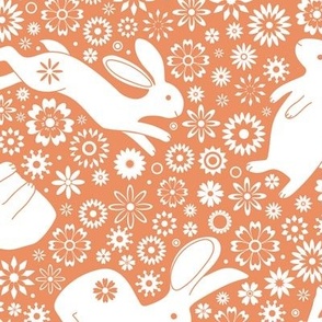 Rabbits and daisies - on Peach - Medium - Petal Peach