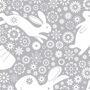 Rabbits and daisies - on Grey - Medium