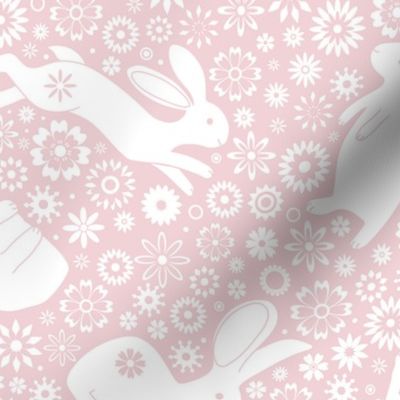 Rabbits and daisies - on Cotton candy pink - Medium