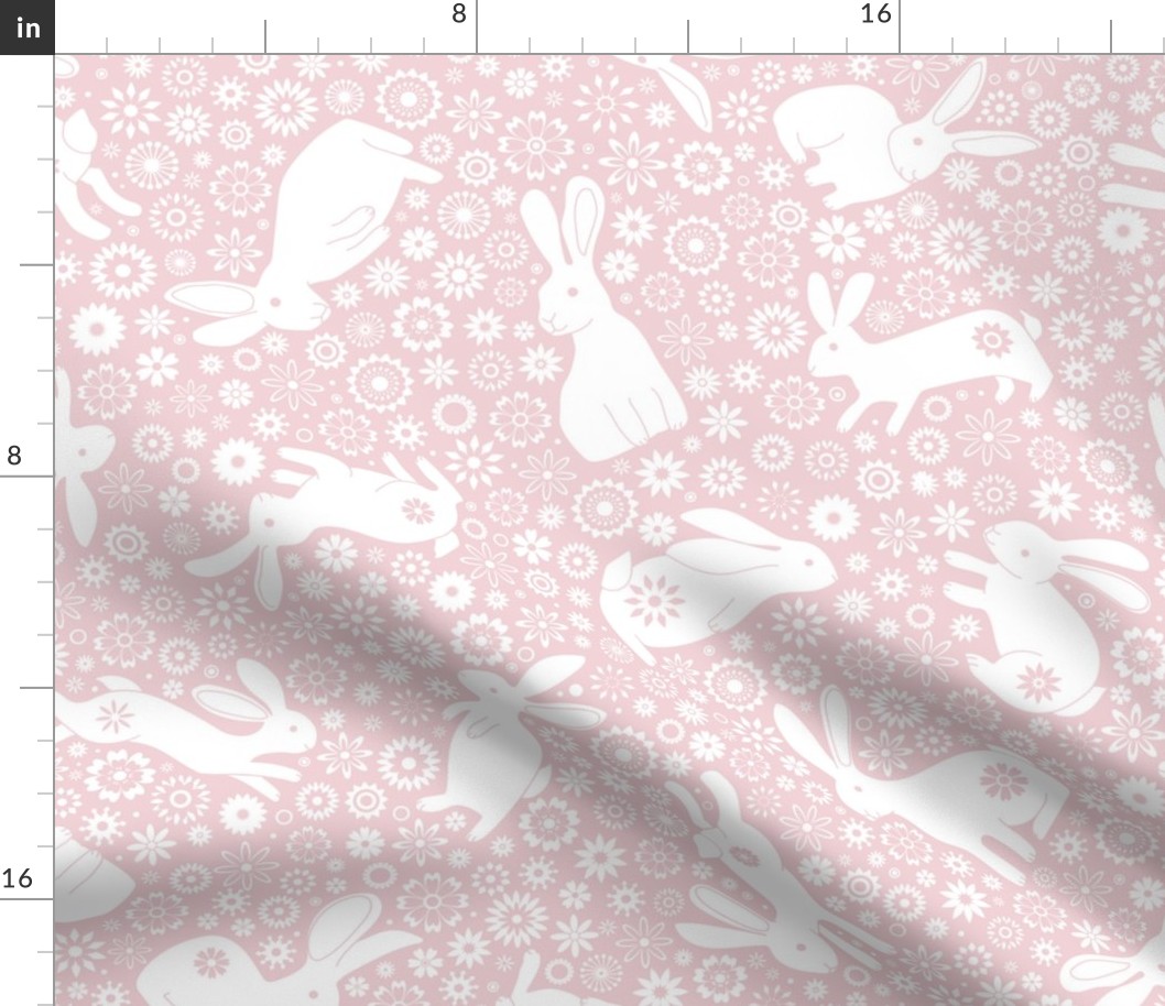 Rabbits and daisies - on Cotton candy pink - Medium