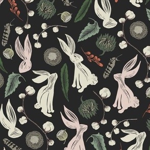 Rabbit Forest Woodland in Black Pink Sage Green and Salmon