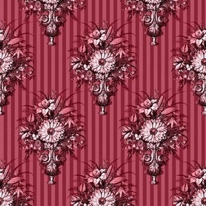 Victorian Vase Bouquets on Pinstripes in Burgundy - Coordinate