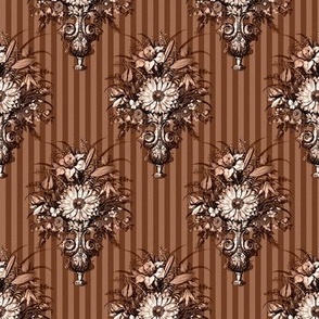 Victorian Vase Bouquets on Pinstripes in Chocolate Brown - Coordinate