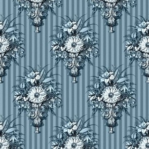Victorian Vase Bouquets on Pinstripes in French Blue - Coordinate