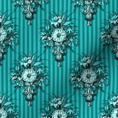 Victorian Vase Bouquets on Pinstripes in Teal - Coordinate