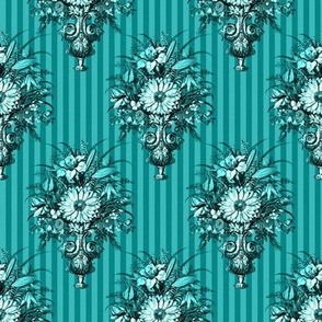 Victorian Vase Bouquets on Pinstripes in Teal - Coordinate