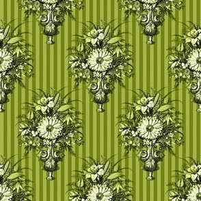 Victorian Vase Bouquets on Pinstripes in Titanite Green - Coordinate