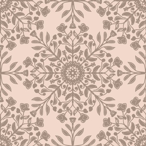 Large Scale Bohemian folk art floral kaleidoscope in gray and beige