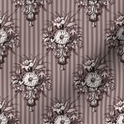 Victorian Vase Bouquets on Pinstripes in Regency Orchid - Coordinate