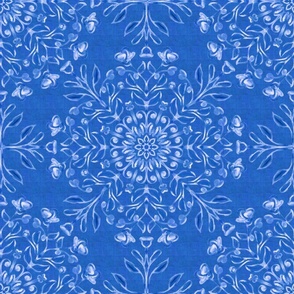 Large Scale Bohemian folk art floral kaleidoscope light on denim blue