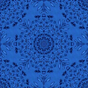 Large Scale Bohemian folk art floral kaleidoscope dark on denim blue