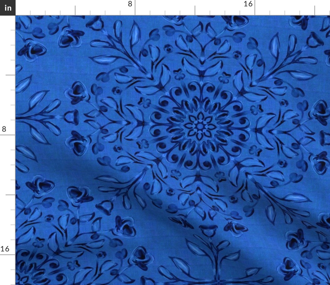 Large Scale Bohemian folk art floral kaleidoscope dark on denim blue