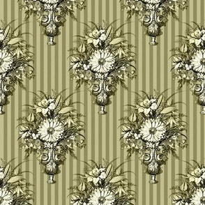 Victorian Vase Bouquets on Pinstripes in Sage Green - Coordinate
