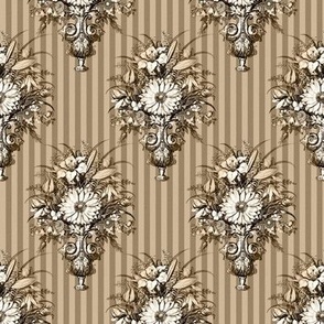 Victorian Vase Bouquets on Pinstripes in Regency Linen - Coordinate