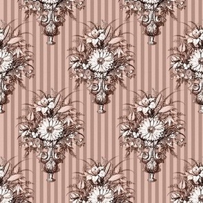 Victorian Vase Bouquets on Pinstripes in Regency Pink - Coordinate