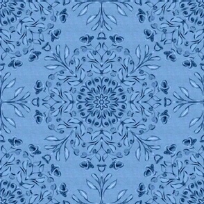 Large Scale Bohemian folk art floral kaleidoscope dark on faded denim blue