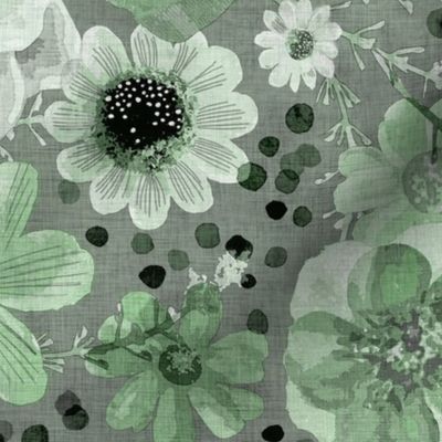 Hand Painted Floral- Jade Green- Dark Background- Spring- Ditsy Flowers- Sage Green- Forest Green- Multidirectional Monochromatic Floral-Large