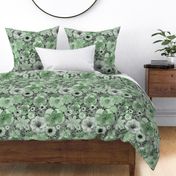 Hand Painted Floral- Jade Green- Dark Background- Spring- Ditsy Flowers- Sage Green- Forest Green- Multidirectional Monochromatic Floral-Large