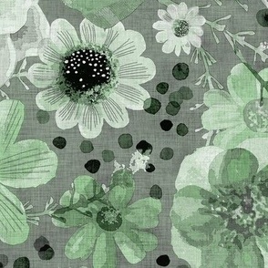 Hand Painted Floral- Jade Green- Dark Background- Spring- Ditsy Flowers- Sage Green- Forest Green- Multidirectional Monochromatic Floral-Large