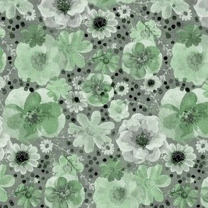 Hand Painted Floral- Jade Green- Dark Background- Spring- Ditsy Flowers- Sage Green- Forest Green- Multidirectional Monochromatic Floral-Small