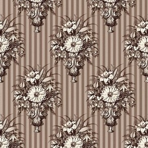 Victorian Vase Bouquets on Pinstripes in Sepia - Coordinate