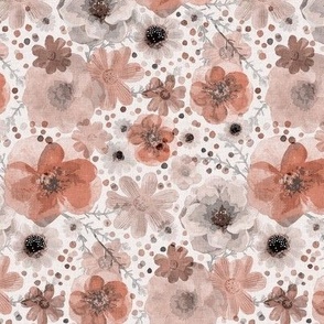 Hand Painted Floral- Peach- Spring- Ditsy Flowers- Terracotta- Earth Tones Wallpaper- Multidirectional Monochromatic Floral-Small