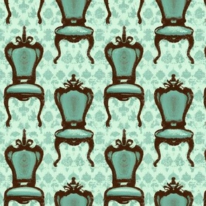 Victorian Carved Wood Chairs in Light and Dark Turquoise