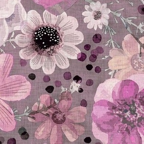 Hand Painted Floral- Pink Dark Background- Spring- Ditsy Flowers- Mauve- Muted Pink Wallpaper- Multidirectional Monochromatic Floral-Large