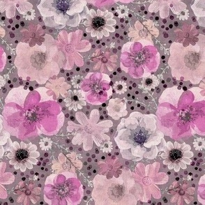 Hand Painted Floral- Pink Dark Background- Spring- Ditsy Flowers- Mauve- Muted Pink Wallpaper- Multidirectional Monochromatic Floral-Small