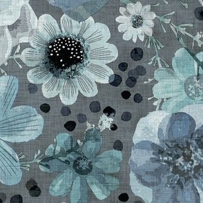 Hand Painted Floral Teal Blue- Dark Background- Spring- Neutral Flowers- Monochromatic Multidirectional Flowers Wallpaper- Slate Blue- Neutral- Large