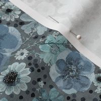 Hand Painted Floral Teal Blue- Dark Background- Spring- Neutral Flowers- Monochromatic Multidirectional Flowers Wallpaper- Slate Blue- Neutral- Small