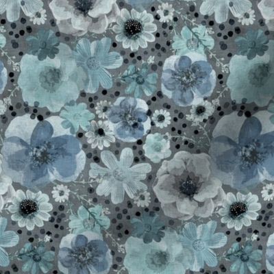 Hand Painted Floral Teal Blue- Dark Background- Spring- Neutral Flowers- Monochromatic Multidirectional Flowers Wallpaper- Slate Blue- Neutral- Small
