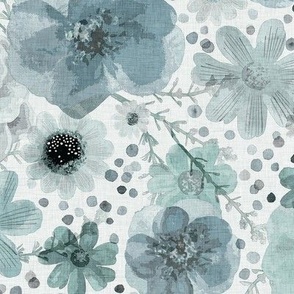 Hand Painted Floral Teal Blue- Light Background- Spring- Neutral Flowers- Monochromatic Multi directional Flowers Wallpaper- Slate Blue- Neutral- Medium