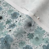 Hand Painted Floral Teal Blue- Light Background- Spring- Neutral Flowers- Monochromatic Multi directional Flowers Wallpaper- Slate Blue- Neutral- Mini