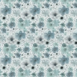 Hand Painted Floral Teal Blue- Light Background- Spring- Neutral Flowers- Monochromatic Multi directional Flowers Wallpaper- Slate Blue- Neutral- Mini