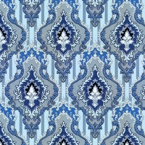 1900 Vintage Blue Scrolled Striped Damask - Original Colors