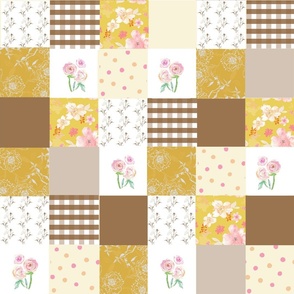 Patchwork Yellow Floral Quilt, Quilt Squares, Brown Check