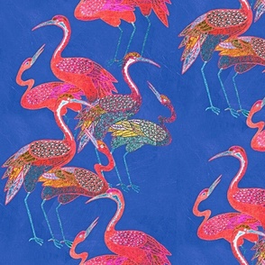 Deco Cranes, Passion Pink and Blue Curaco, 12inch x 17.78inch repeat scale