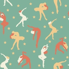 Women Dancing Poses Fun Pattern - Green Background - Large Scale