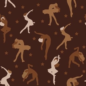 Women Dancing Poses Fun Pattern - Earthy Tone, chocolate background - Large scale