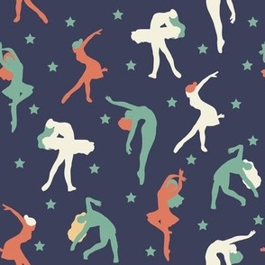 Women Dancing Poses Fun Pattern - Navy Background - Large scale