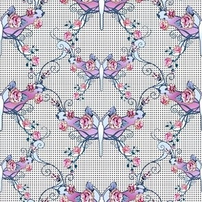 Blossoms and Butterflies on Tiny Polka Dots in Orchid and Baby Blue