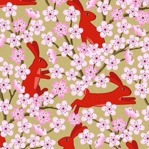 Bunnies and Blossoms Red Rabbits on Gold Background with Plum Blossoms